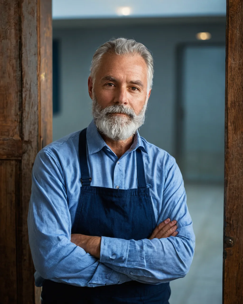 A bearded man in a blue shirt and apron stands with arms crossed in a wooden doorway.