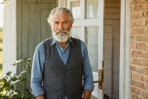 A bearded man in a vest stands in front of a brick and wood doorway on a sunny day.