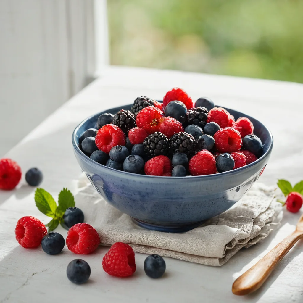 A blue bowl filled with mixed berries on a linen napkin with scattered berries and mint leaves.