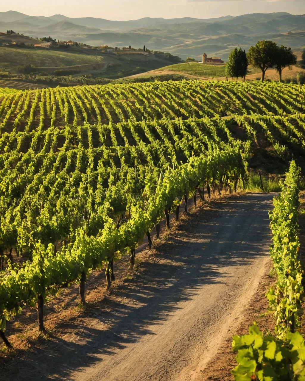 A dirt road winds through rows of green grapevines in a sunlit Italian vineyard with rolling hills in the background.