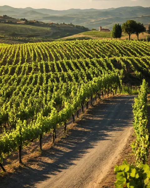 A dirt road winds through rows of green grapevines in a sunlit Italian vineyard with rolling hills in the background.