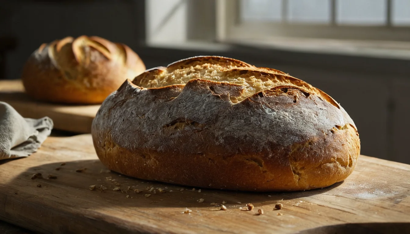 A freshly baked artisan bread with golden crust and flour dusting rests on a wooden board near a window.