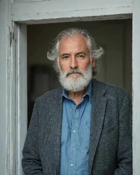 A gray-bearded man in a blue shirt and gray cardigan stands in a weathered white doorway.