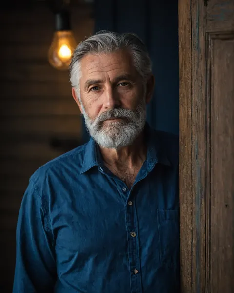 A gray-bearded man in a blue shirt leans against a wooden door under a warm light bulb.