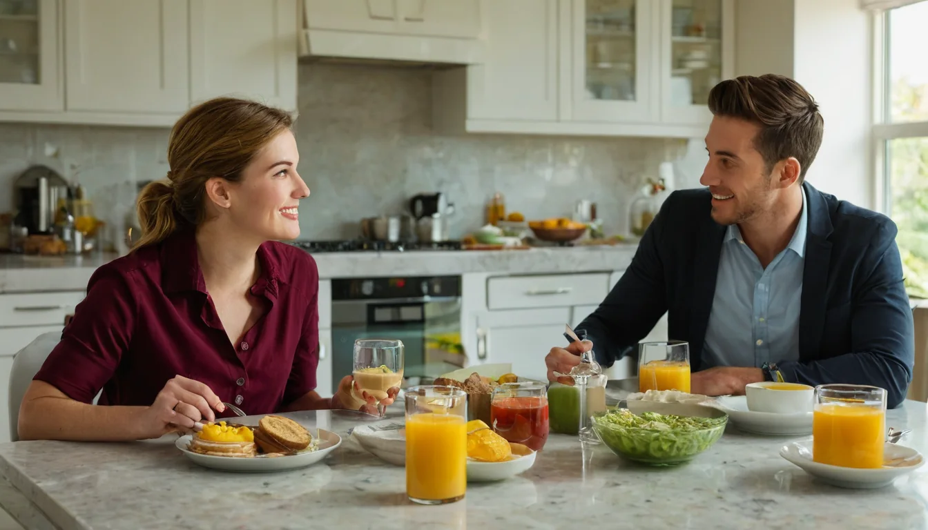 A happy couple sharing breakfast at a modern kitchen counter with orange juice and salad.