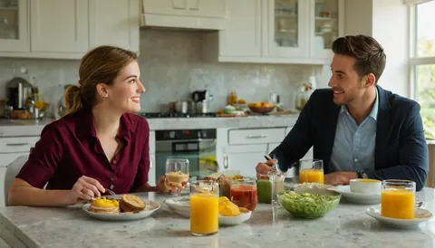 A happy couple sharing breakfast at a modern kitchen counter with orange juice and salad.