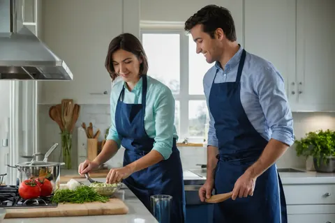A man and woman in blue aprons cooking together in a bright kitchen with fresh ingredients.