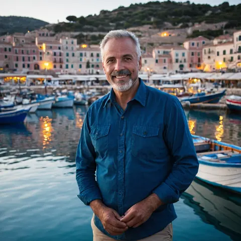 A man in a blue shirt smiles by a harbor with boats and lit buildings in the background at dusk.