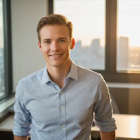 A man in a blue shirt smiles in an office with a city view at sunset.