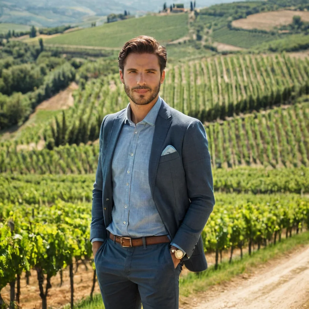 A man in a blue suit standing in a vineyard with green hills and cypress trees behind him.