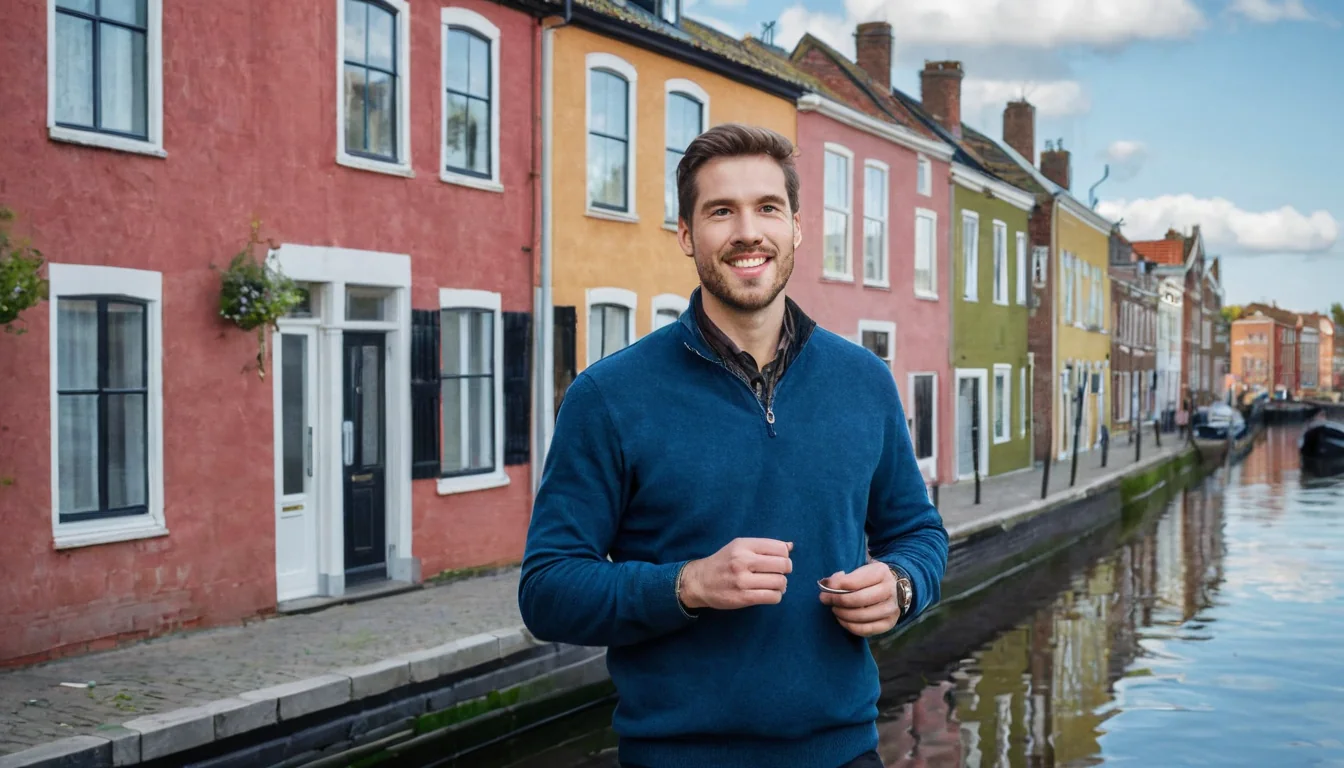 A man in a blue sweater smiles beside a canal with colorful buildings reflecting in the water.