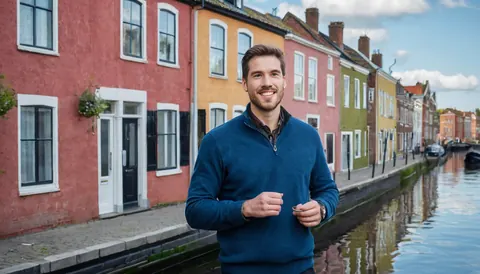 A man in a blue sweater smiles beside a canal with colorful buildings reflecting in the water.