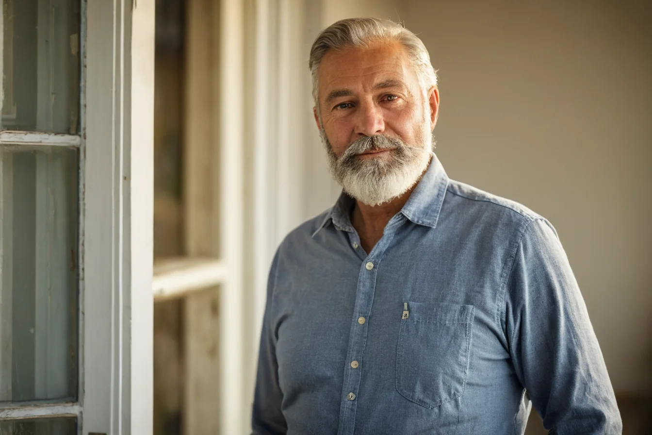 A mature man with a white beard stands by a weathered window wearing a blue denim shirt.