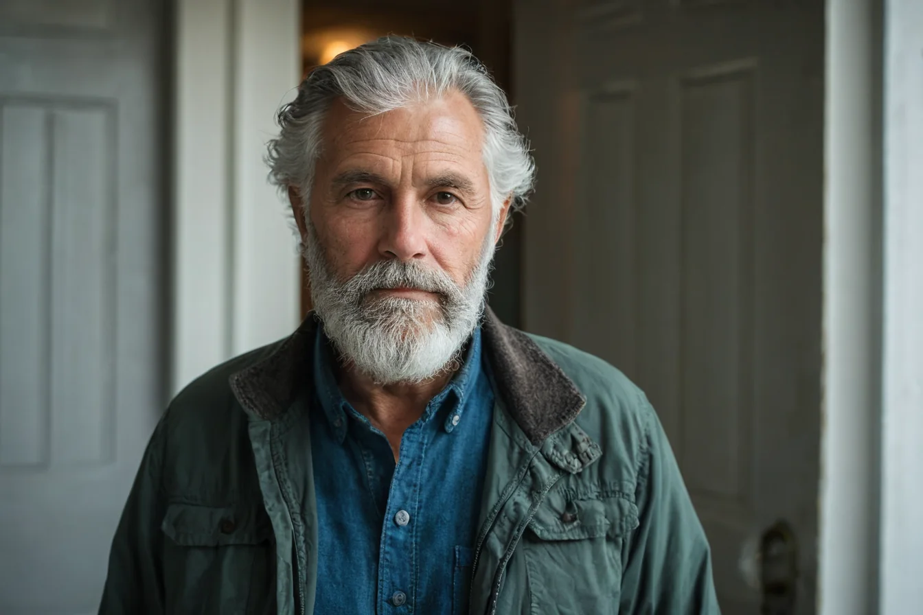 A mature man with gray hair and beard wearing a green jacket and blue shirt stands in a hallway looking at the camera.