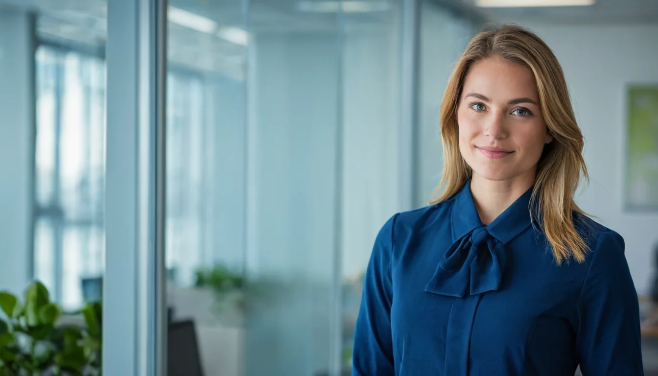 A professional woman in a blue blouse smiles in a modern office with glass walls and plants.
