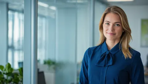 A professional woman in a blue blouse smiles in a modern office with glass walls and plants.