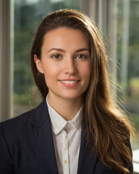 A professional woman in a navy blazer and white shirt smiles near a window.