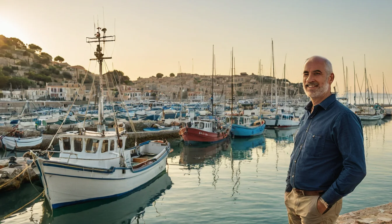 A smiling man stands by a harbor at golden hour with fishing boats and coastal buildings in the background.