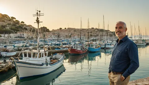 A smiling man stands by a harbor at golden hour with fishing boats and coastal buildings in the background.