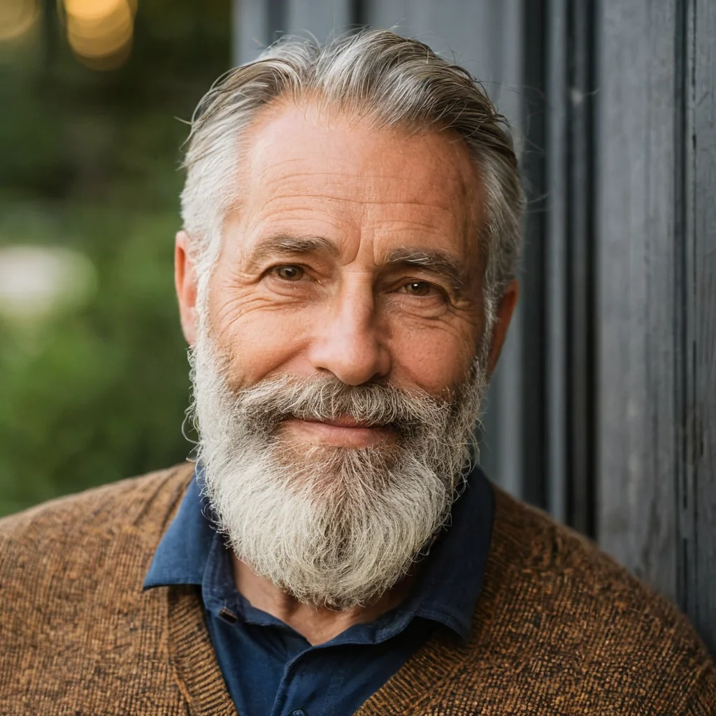 A smiling older man with gray beard wearing a brown tweed jacket outdoors.