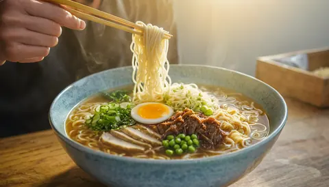 A steaming bowl of ramen with chopsticks lifting noodles above broth topped with egg sliced meat green onions and peas.