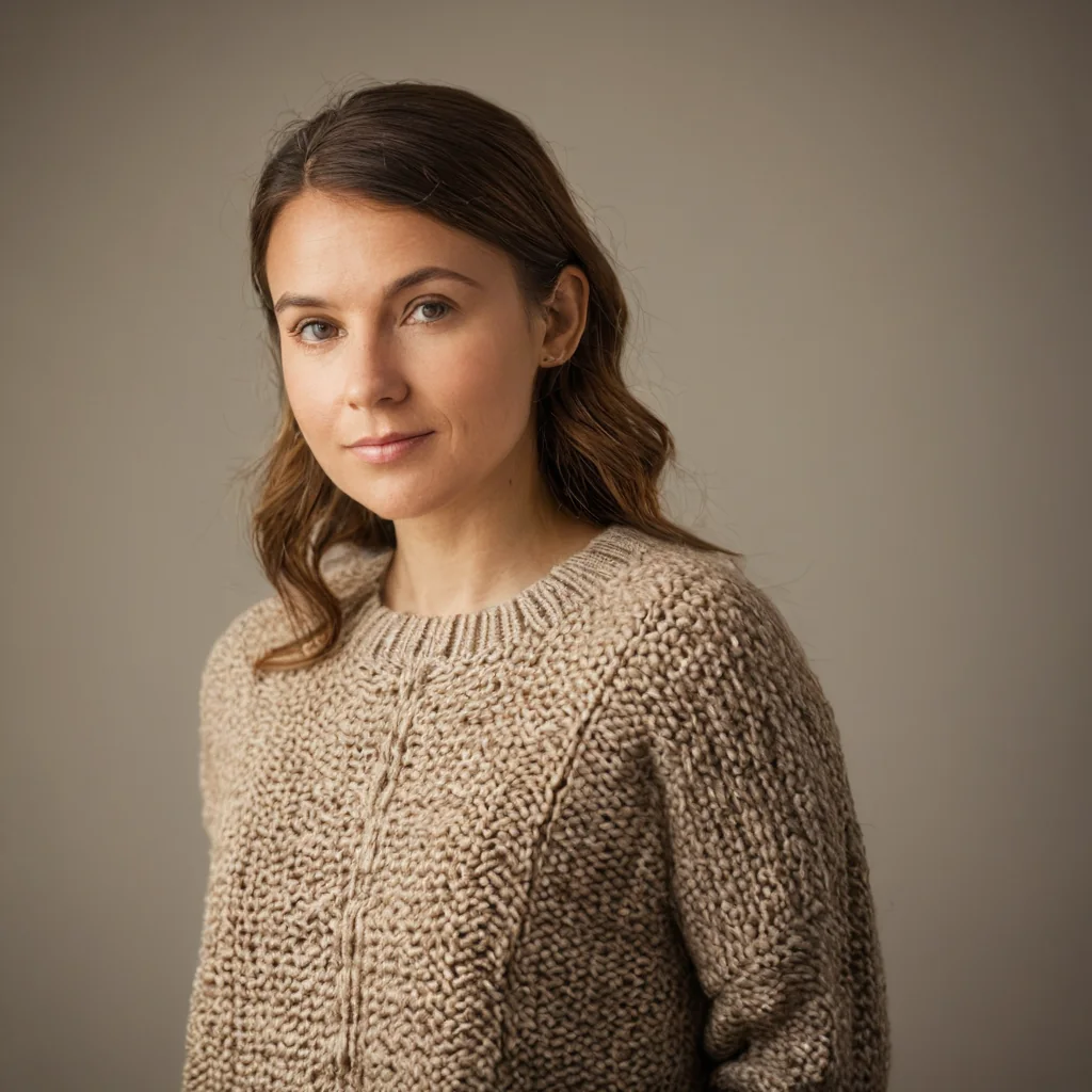 A woman in a beige knit sweater with wavy brown hair against a gray background.