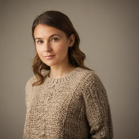 A woman in a beige knit sweater with wavy brown hair against a gray background.