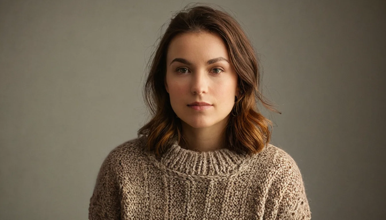 A woman in a beige knitted sweater looks directly at the camera against a gray background.