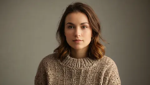 A woman in a beige knitted sweater looks directly at the camera against a gray background.