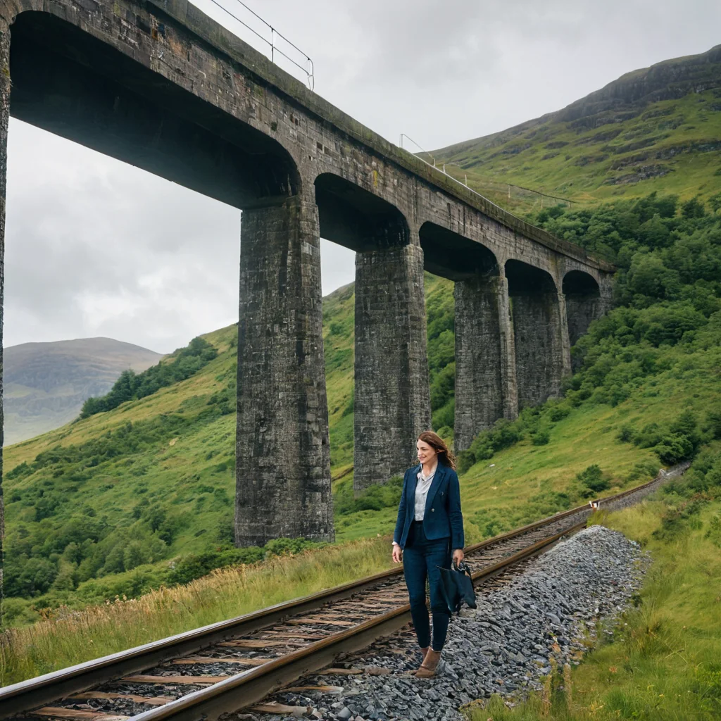 A woman in a blue blazer walks on railway tracks under a stone viaduct in a green valley.
