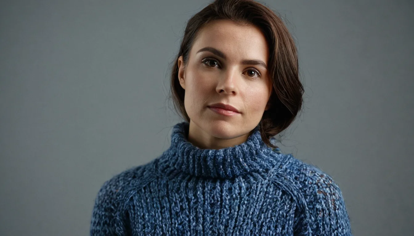 A woman in a blue knitted turtleneck sweater against a gray background.