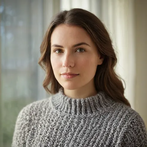A woman in a gray knit sweater stands near a window with sheer curtains.