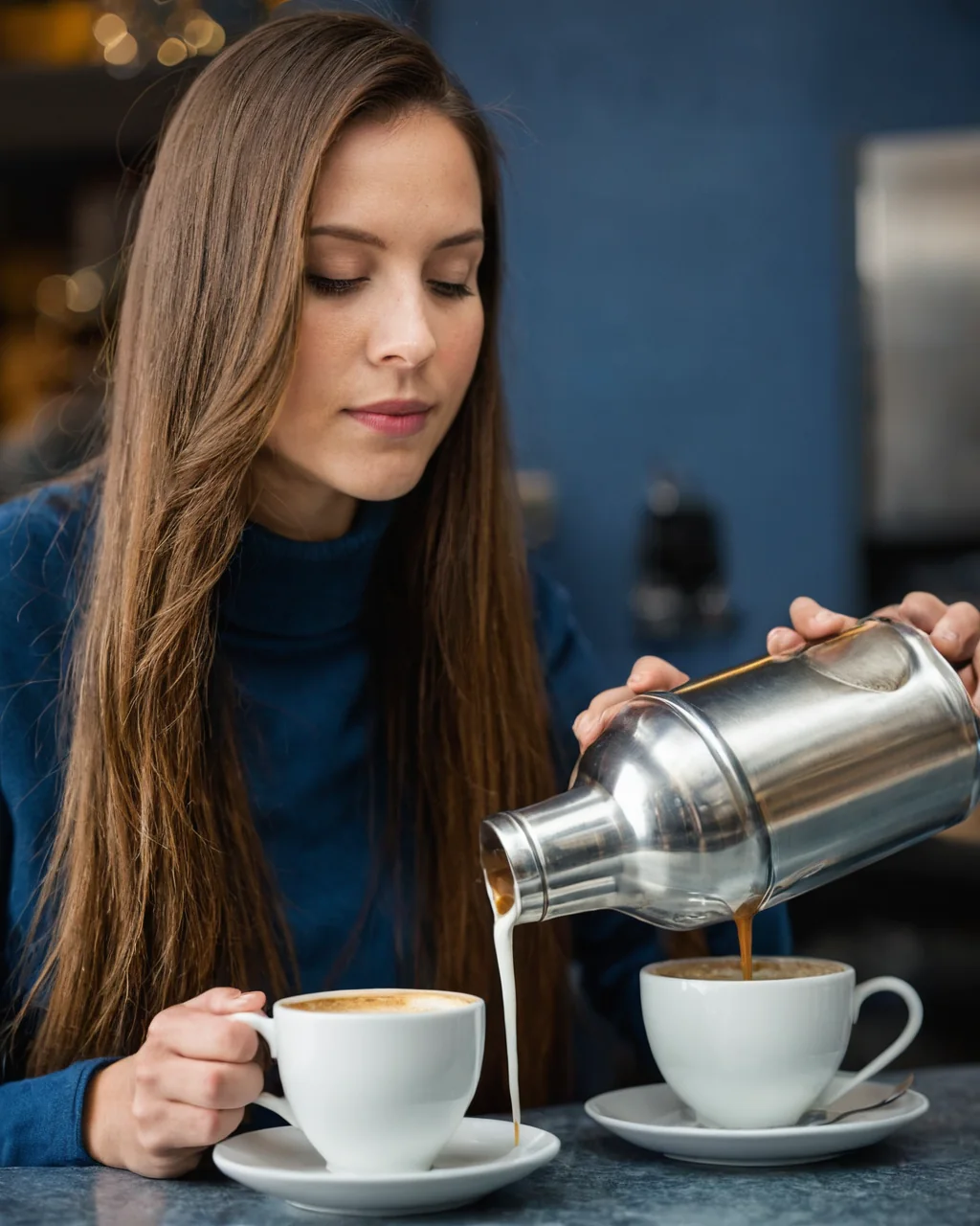 A woman pouring espresso and milk into two white coffee cups at a cafe.