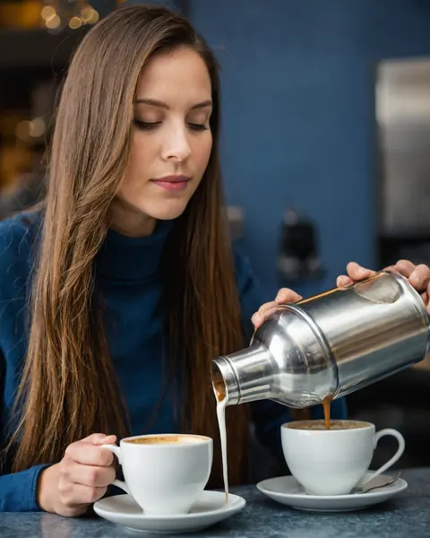 A woman pouring espresso and milk into two white coffee cups at a cafe.