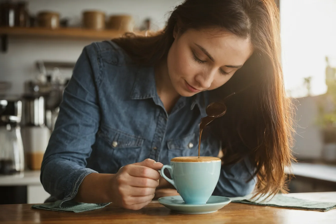 A woman pours chocolate syrup into a coffee cup at a wooden table.