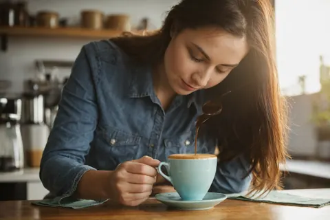A woman pours chocolate syrup into a coffee cup at a wooden table.