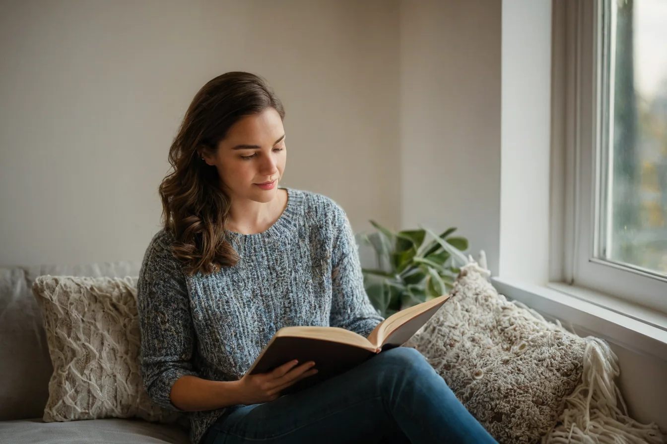 A woman reading a book on a couch near a window with sunlight streaming in.
