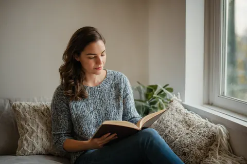 A woman reading a book on a couch near a window with sunlight streaming in.