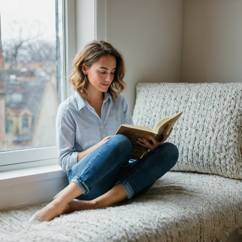 A woman sits cross-legged on a white couch by a window reading a book barefoot.