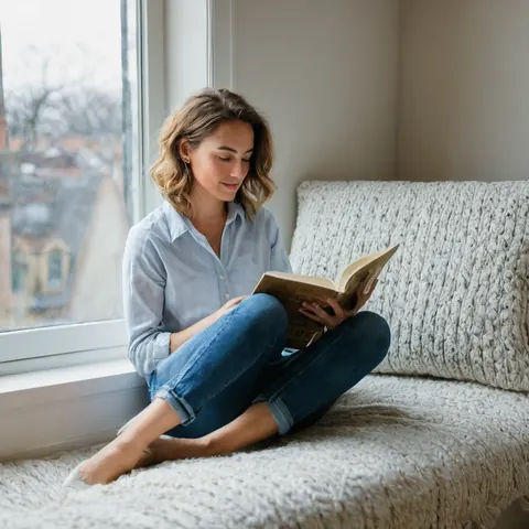 A woman sits cross-legged on a white couch by a window reading a book barefoot.