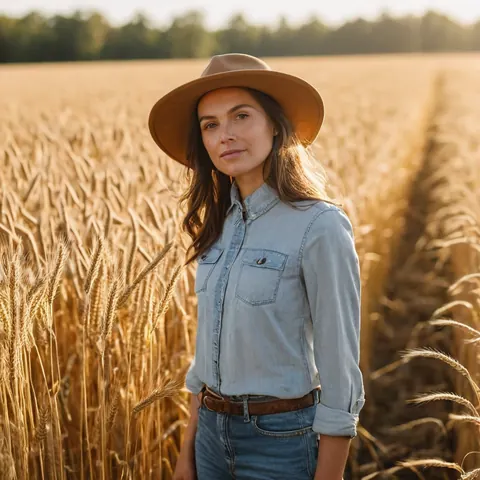 A woman wearing a hat and denim shirt standing in a wheat field at sunset.