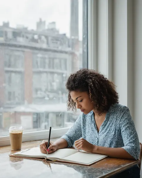 A woman writes in a notebook at a table near a window with a city view and an iced coffee.