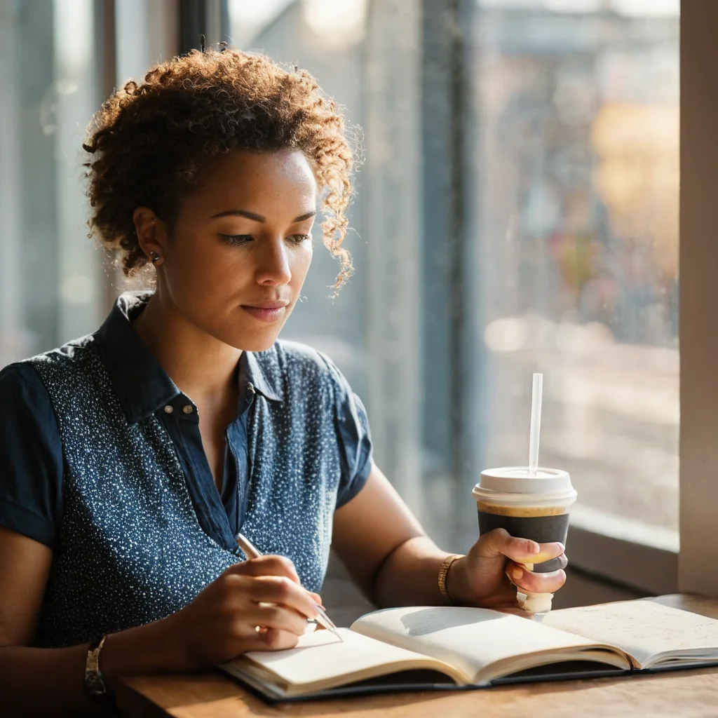 A woman writes in a notebook by a window holding a coffee cup.