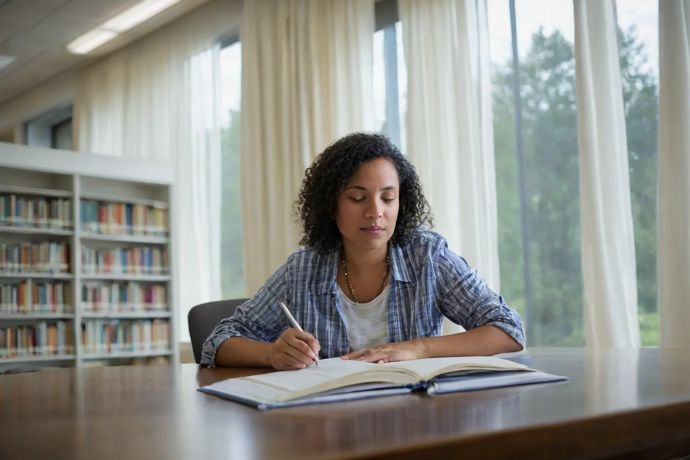 A woman writing in a notebook at a library desk near bookshelves and windows.