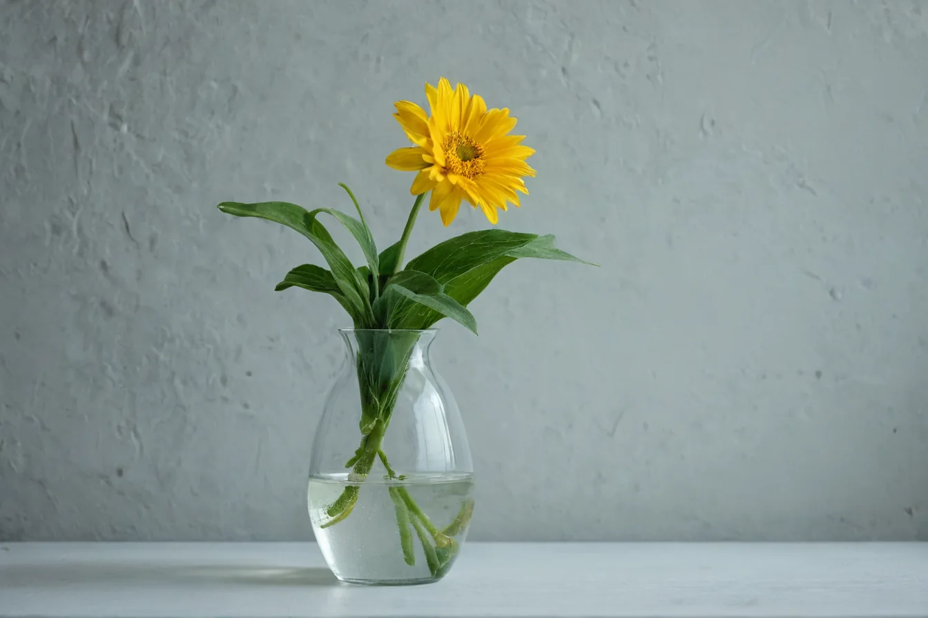A yellow gerbera daisy in a glass vase with water on a gray surface.