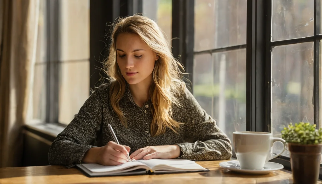Blonde woman writing in notebook by sunny window with coffee cup and plant