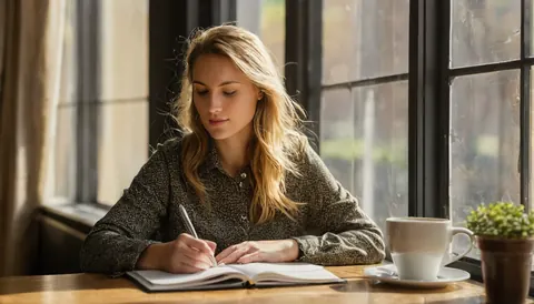 Blonde woman writing in notebook by sunny window with coffee cup and plant