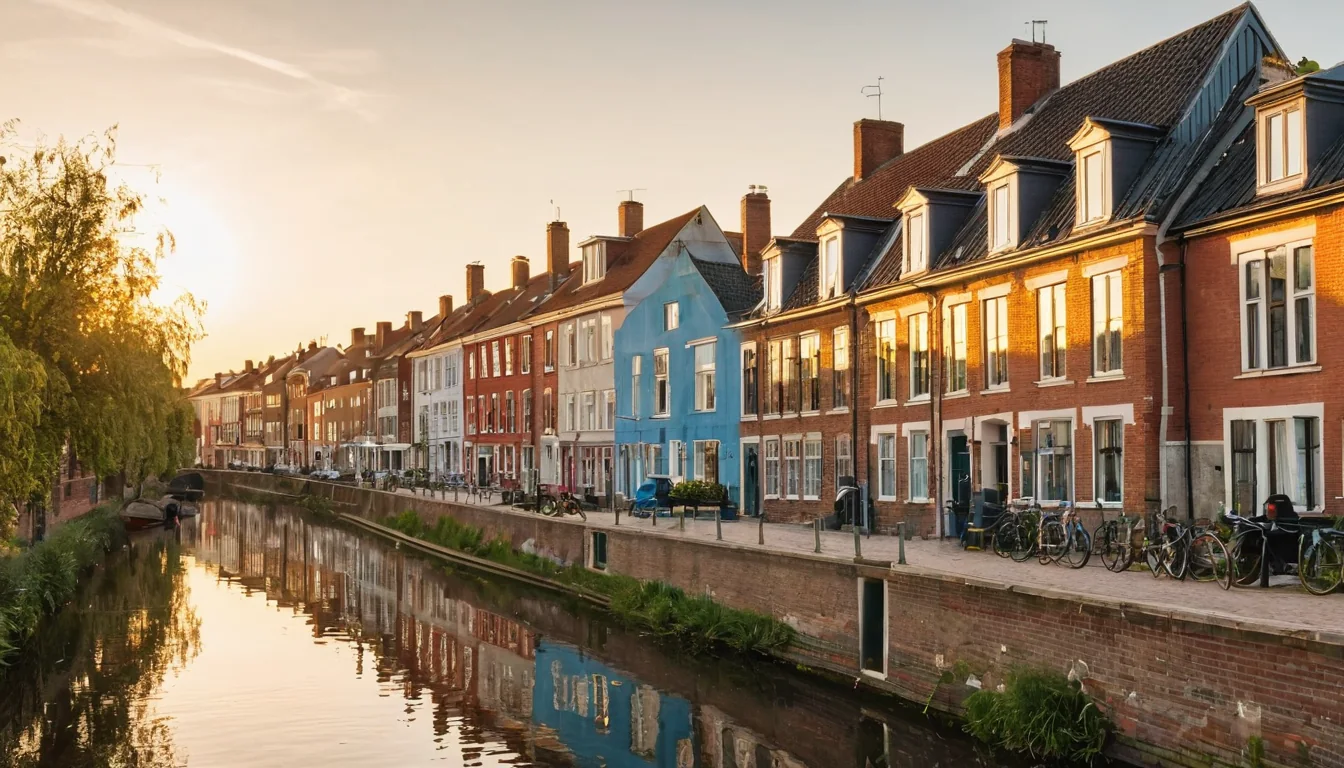 Colorful brick houses line a calm canal with bicycles parked along the quay at sunset.