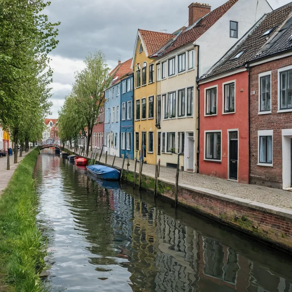 Colorful houses along a canal with boats and trees under cloudy sky
