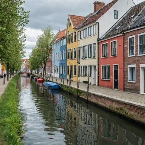 Colorful houses along a canal with boats and trees under cloudy sky
